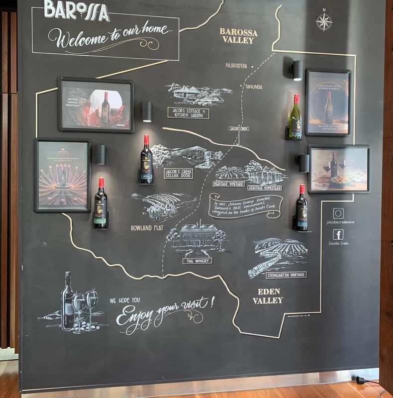 A chalkboard map of the Barossa Valley and Eden Valley on a cellar-door wall
