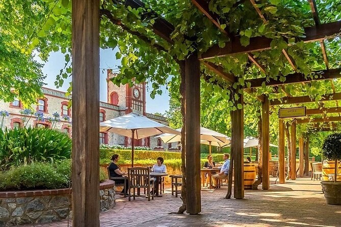 Tables under a vine-covered timber pergola in a winery courtyard